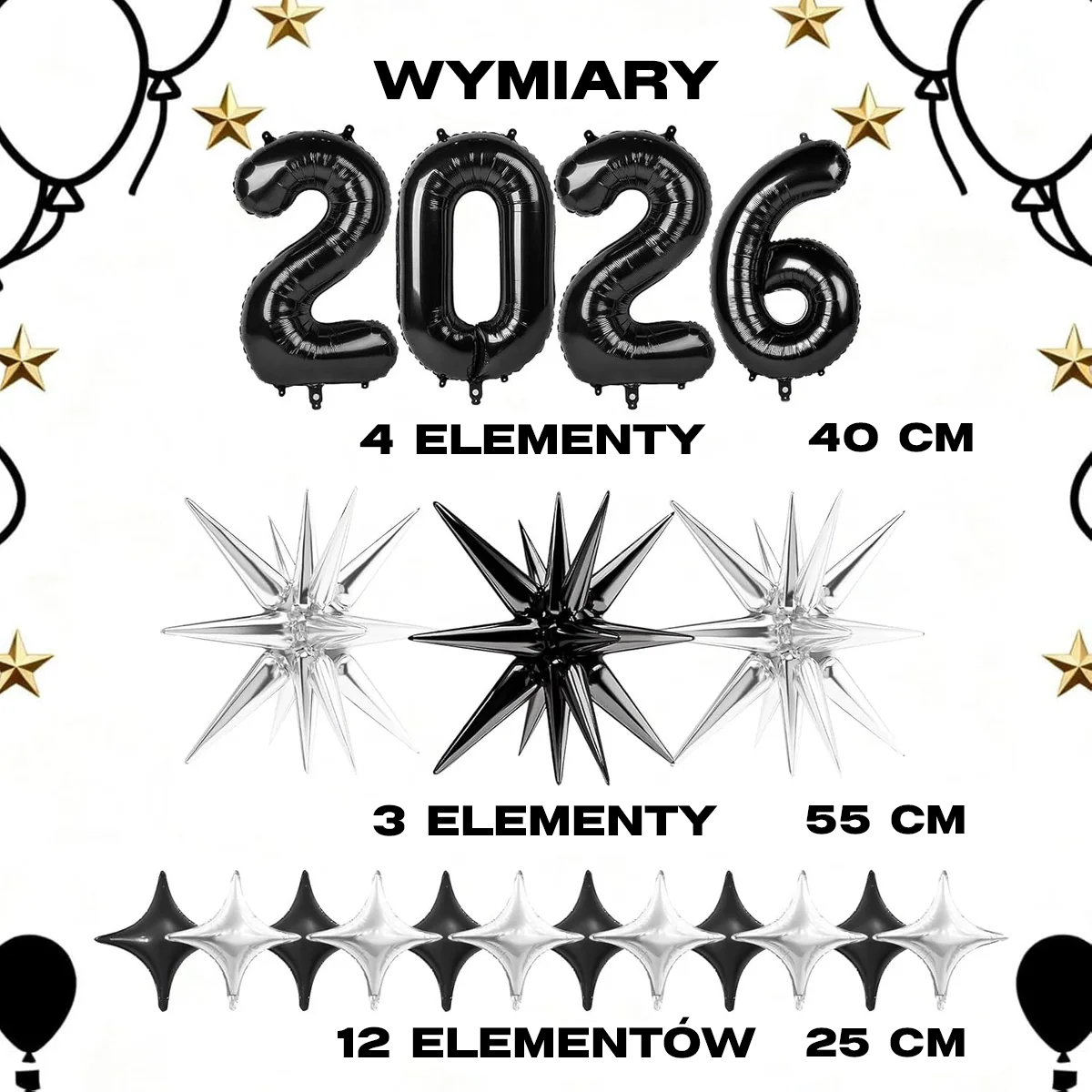 ✨ Srebrno-Czarny Zestaw Balonów – 19 elementów